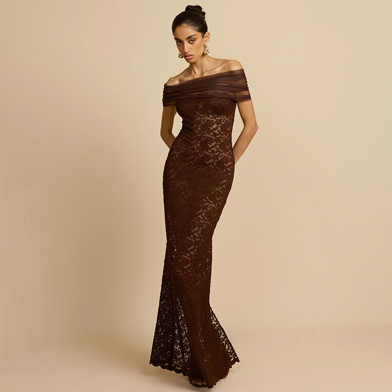 Damen Elegantes Spitzenabendkleid mit schulterfreiem Design und raffiniertem Schlitz R&B