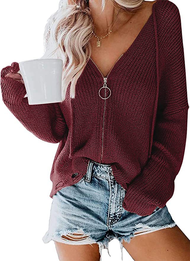 Damen Lässiger Pullover mit modernem Reißverschluss und weitem Schnitt R&B