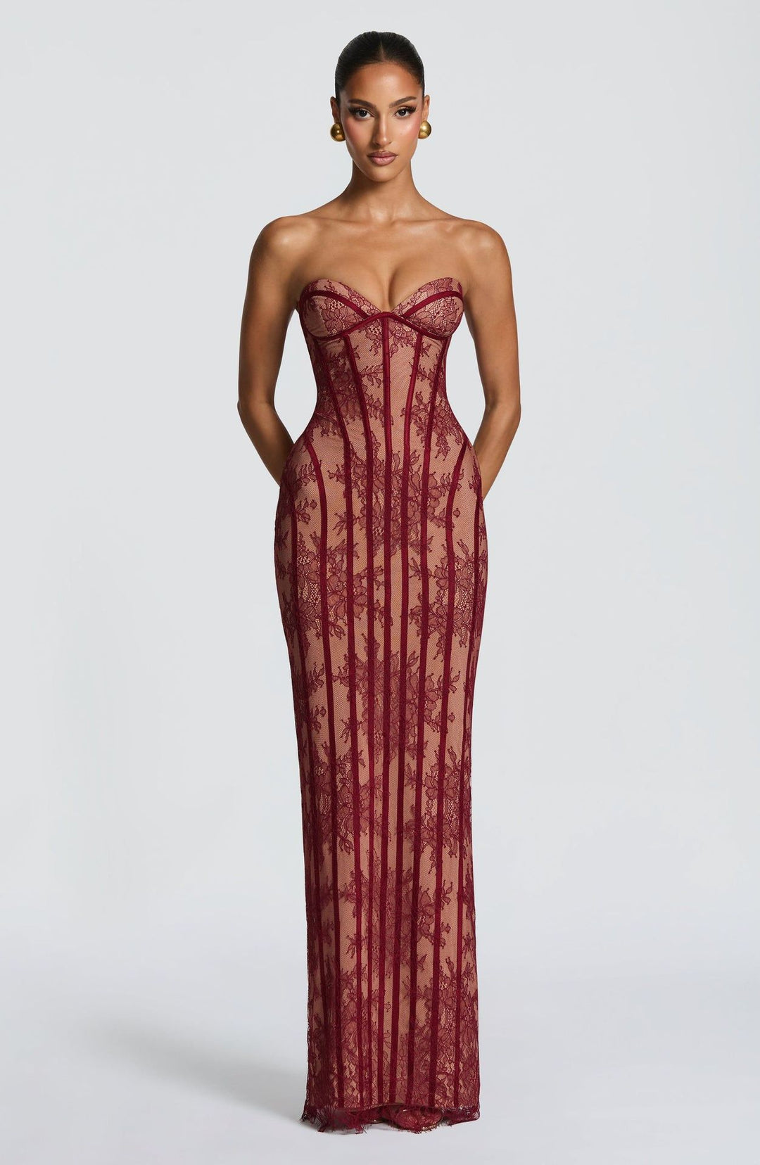 Damen figurbetontes Spitzenkleid mit Bustier-Oberteil und eleganten Details R&B