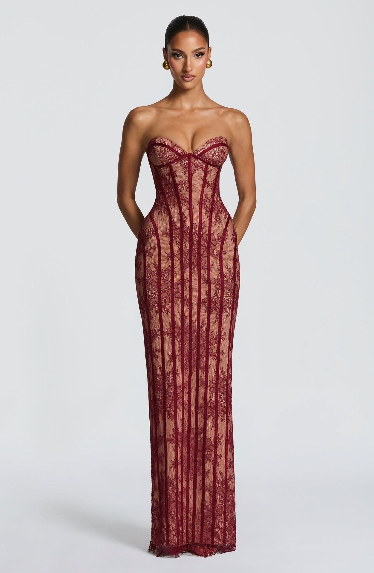 Damen figurbetontes Spitzenkleid mit Bustier-Oberteil und eleganten Details EB