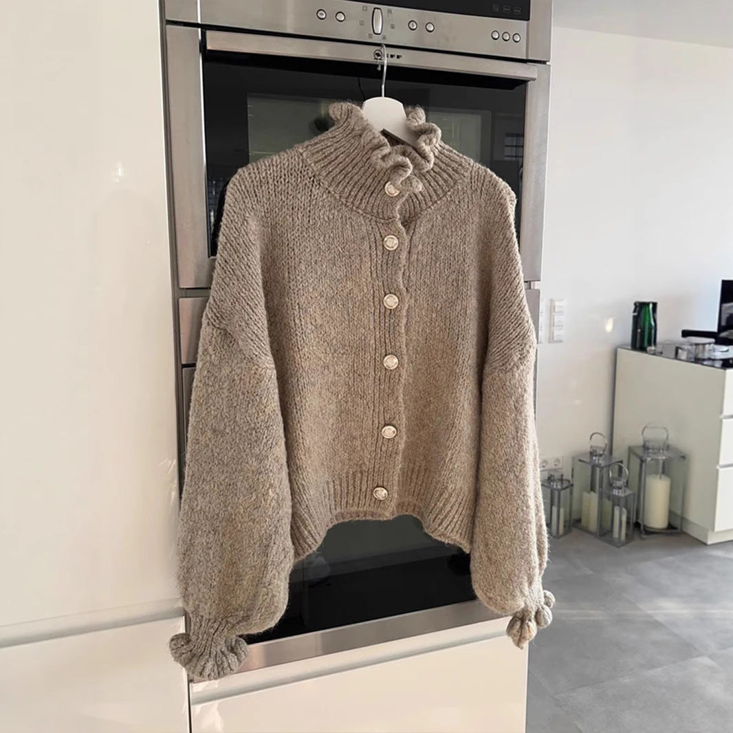 Damen Strickjacke mit modischem Kragen und Knopfdetails R&B