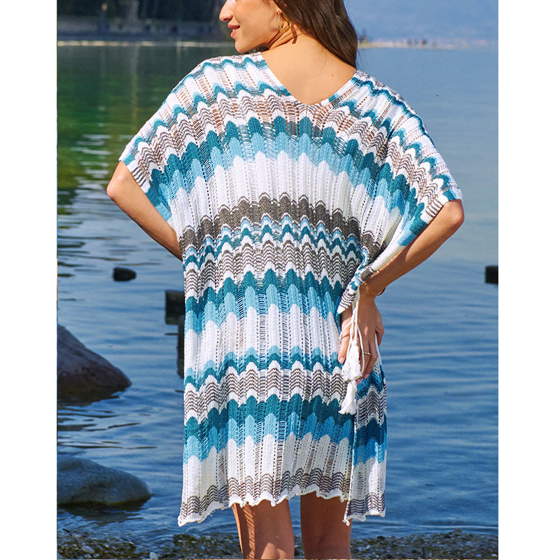 Damen lässiger Strandkimono im Wellenmuster mit offenen Ärmeln und seitlichen Schlitzen R&B