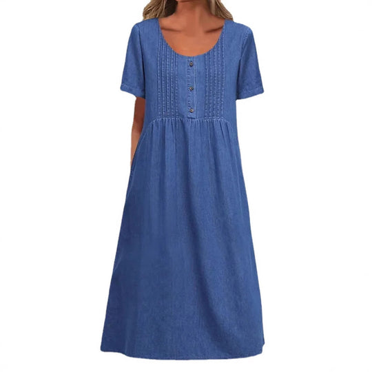 Damen nan locker sitzendes Midikleid im Denim-Look mit Rundhalsausschnitt, Brustbiesen und seitlichen Eingrifftaschen R&B