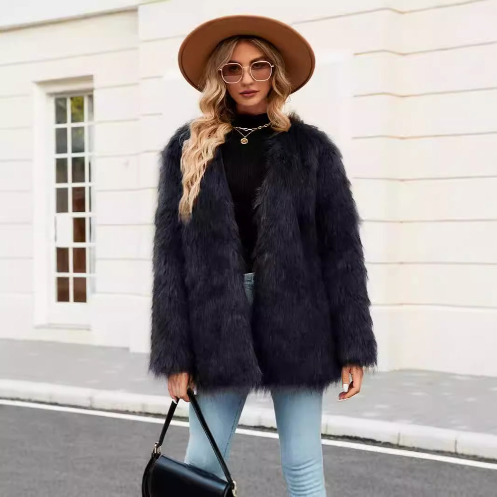 Damen Luxe Kunstfelljacke mit offenem Kragen R&B