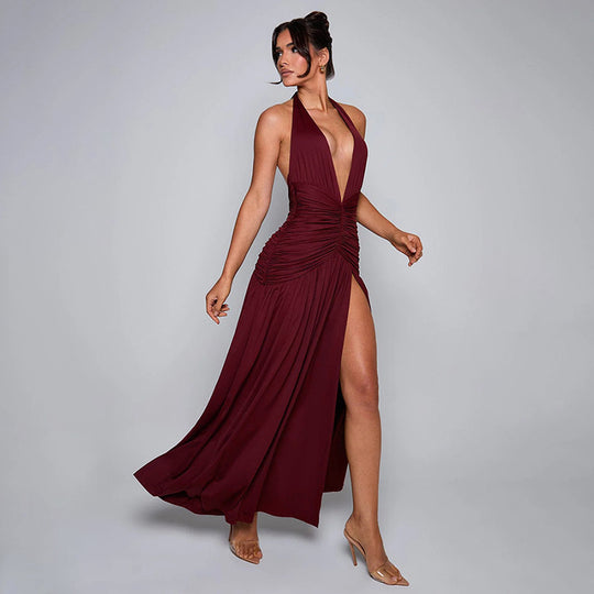 Damen Maxi Kleid mit gerafftem Design und tiefem V-Ausschnitt R&B