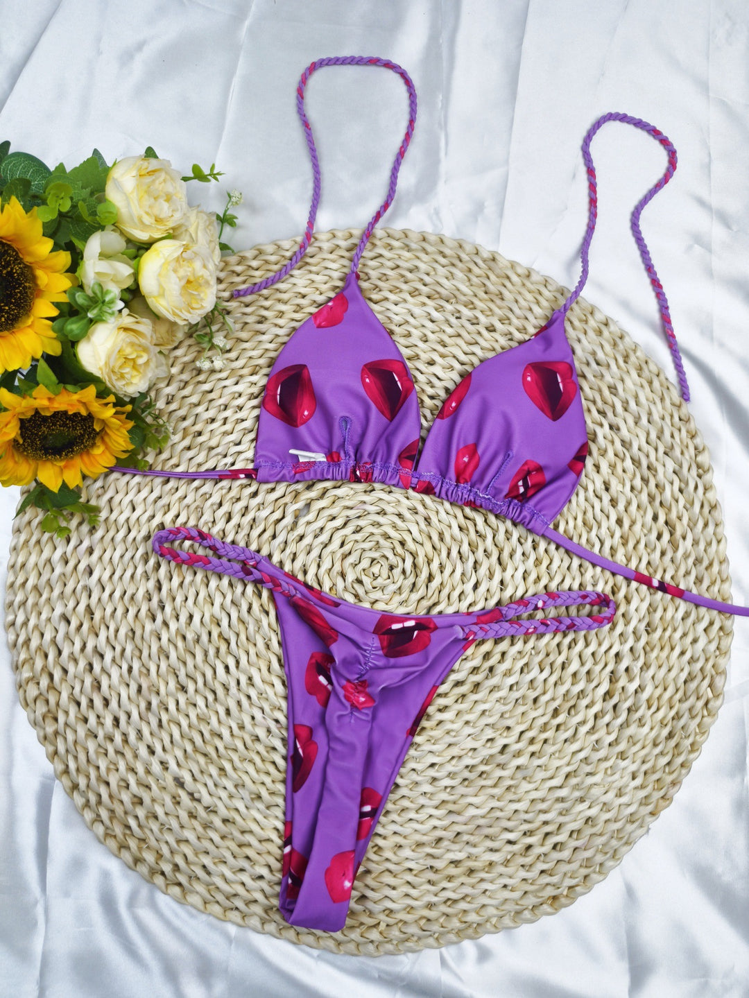 Damen Triangel-Bikini-Set mit fröhlichem Kirschmuster und verstellbaren Trägern R&B