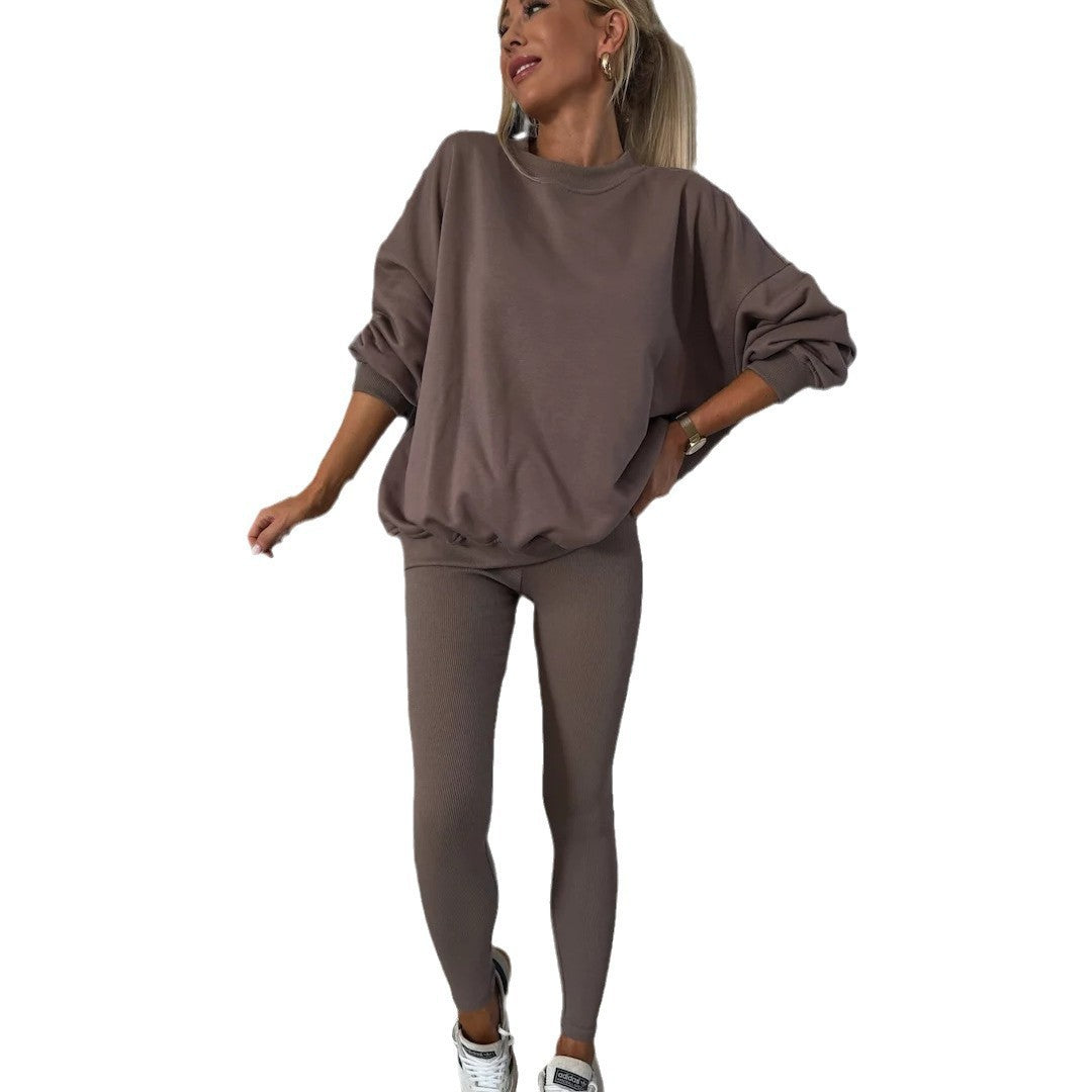 Damen lässiges Baumwoll-Lounge-Set mit Rundhalsausschnitt und engen Leggings R&B