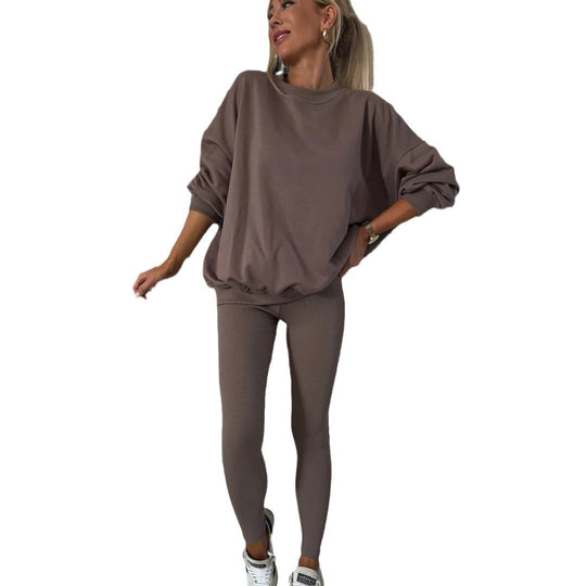Damen lässiges Baumwoll-Lounge-Set mit Rundhalsausschnitt und engen Leggings R&B