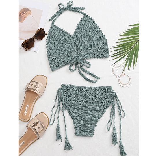 Damen Häkel-Bikini-Set mit verstellbaren Trägern und fransigen Details R&B