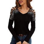 Damen Langarmshirt mit offenen Schultern und Strassverzierung R&B