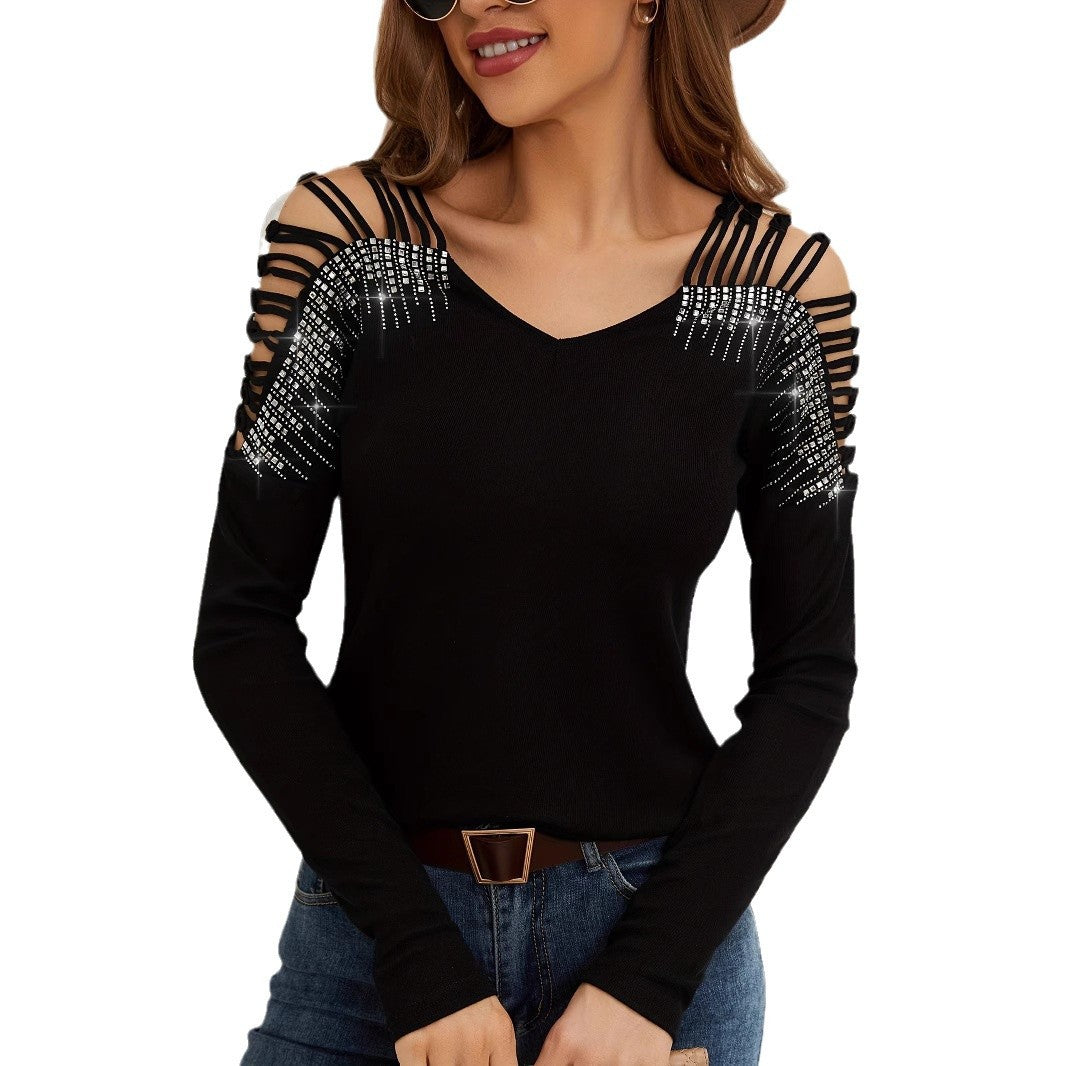Damen Langarmshirt mit offenen Schultern und Strassverzierung R&B