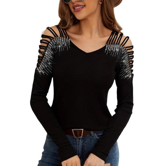 Damen Langarmshirt mit offenen Schultern und Strassverzierung R&B