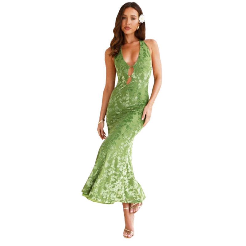 Damen elegantes Maxikleid mit tiefem V-Ausschnitt und transparentem Design R&B