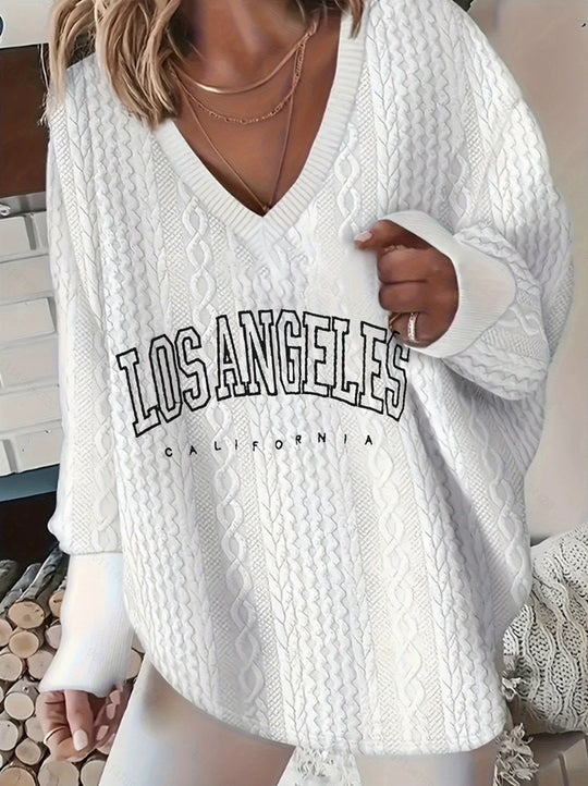 Damen nan Oversize-Zopfmuster-Strickpullover mit V-Ausschnitt und Logo-Print R&B