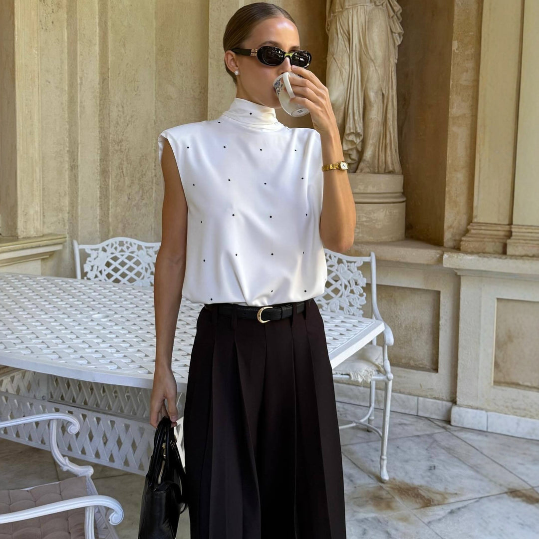 Damen Elegantes Oberteil mit hohem Kragen und feinen Punkten R&B