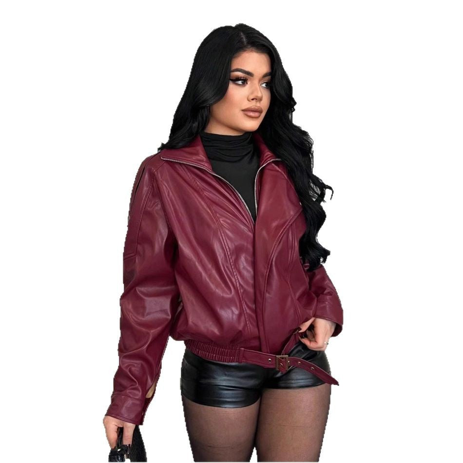 Damen Kunstlederjacke mit figurbetontem Schnitt und dekorativem Gürtel R&B