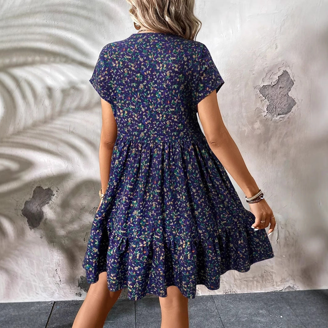 Damen Freizeitkleid mit voluminösem Rock und V-Ausschnitt R&B