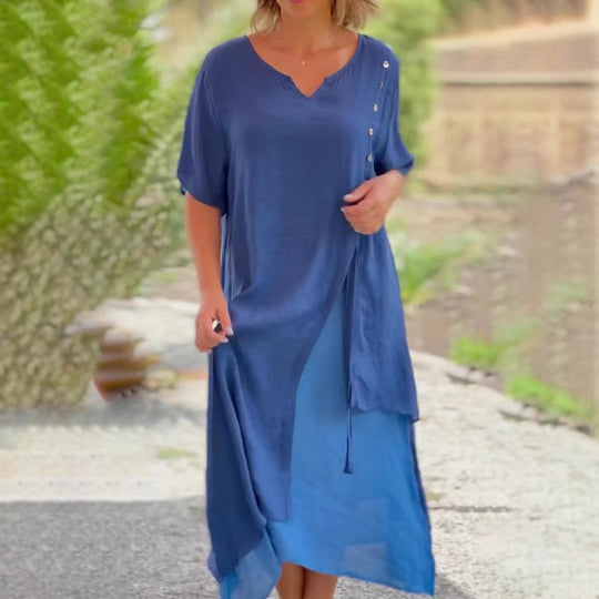 Damen nan zweilagiges Hemdkleid mit asymmetrischem Lagenrock, seitlicher Zierknopfleiste und Tunnelzug R&B