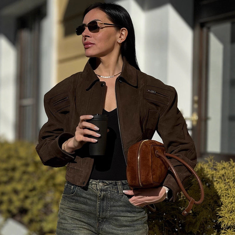 Damen modische Suede-Bomberjacke mit voluminösen Ärmeln R&B