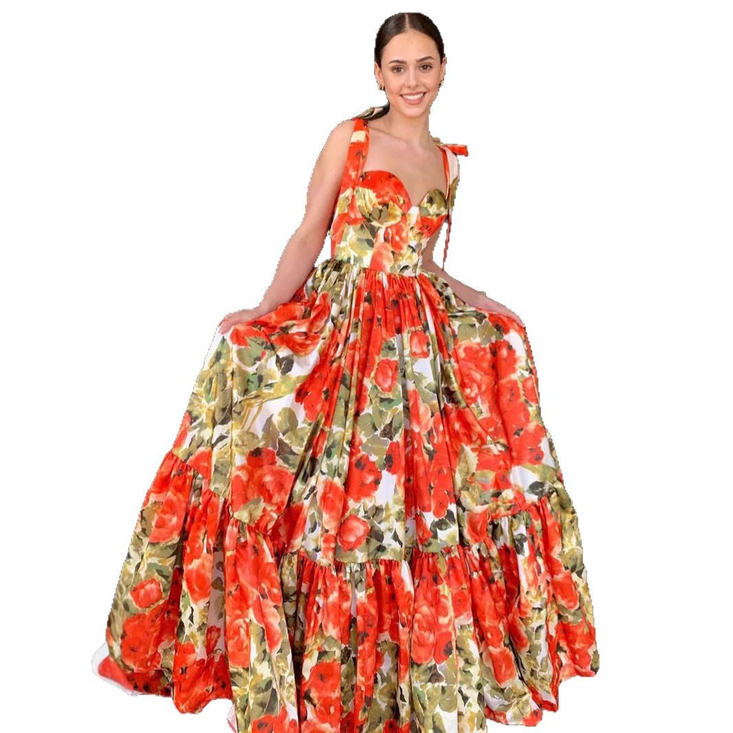 Damen Festliches Maxikleid mit floralen Rüschendetails und schwingendem Rock R&B