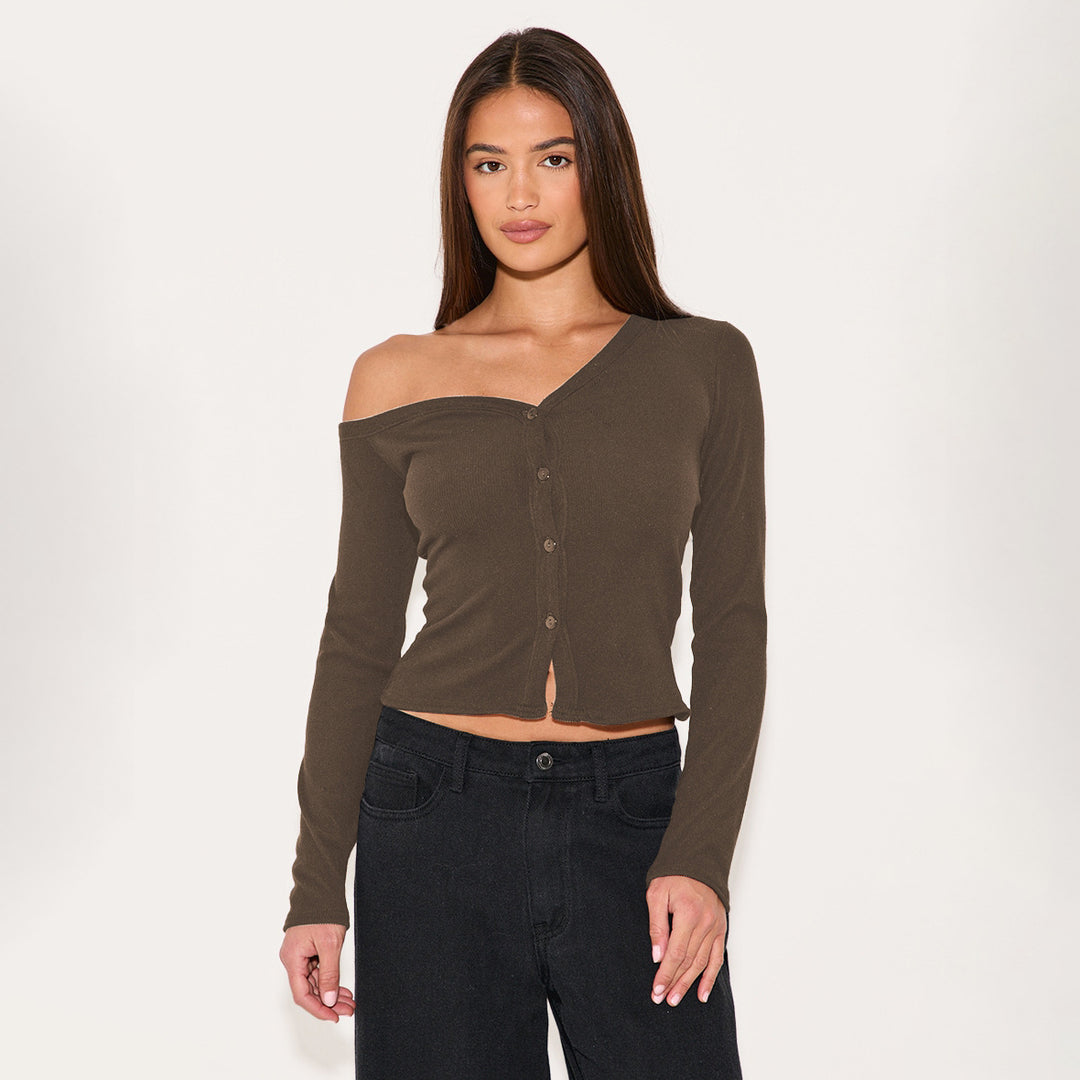 Damen Off-Shoulder Cropped Cardigan mit Knopfleiste R&B