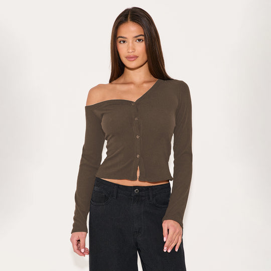 Damen Off-Shoulder Cropped Cardigan mit Knopfleiste R&B