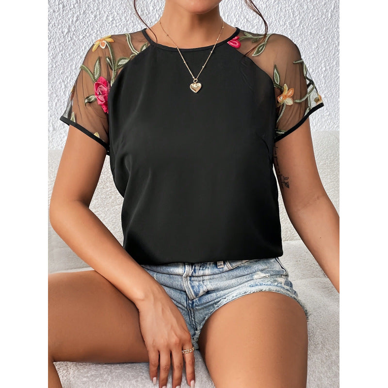 Damen Bluse mit transparenten Spitzenärmeln und floralen Details R&B