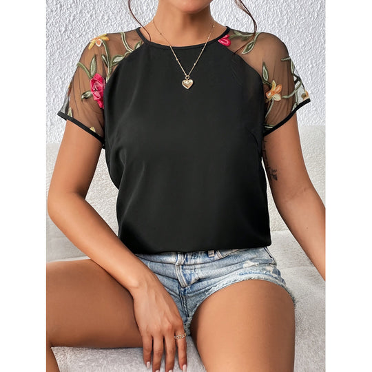 Damen Bluse mit transparenten Spitzenärmeln und floralen Details R&B