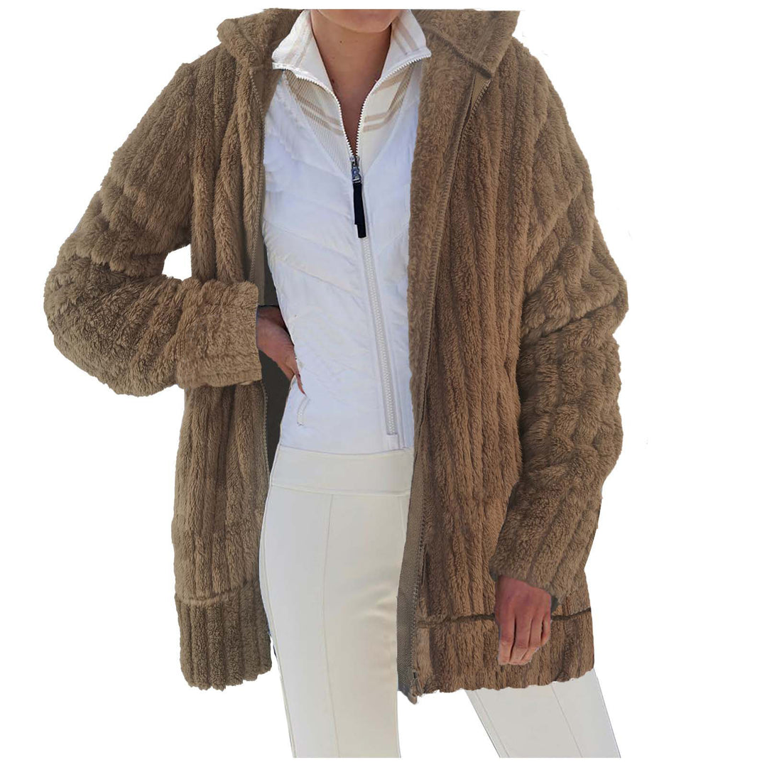 Damen Kuschelige Langjacke aus strukturiertem Fleece mit Kapuze R&B