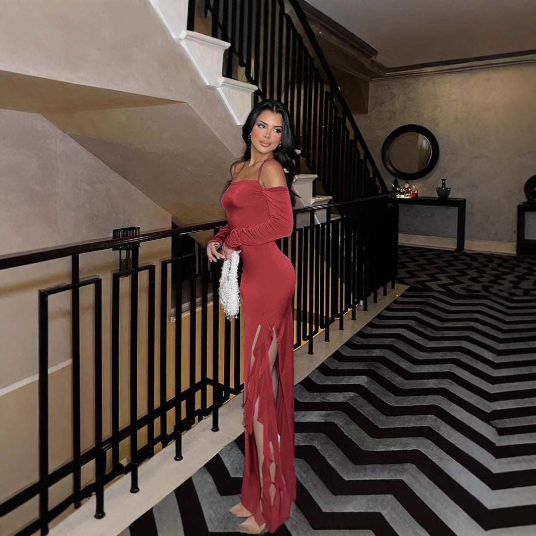Damen Elegantes langärmliges Maxikleid mit asymmetrischem Saum und Rüschendetails R&B