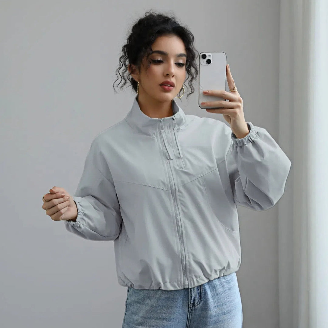 Damen modische Übergangsjacke mit hohem Kragen und elastischem Bund R&B