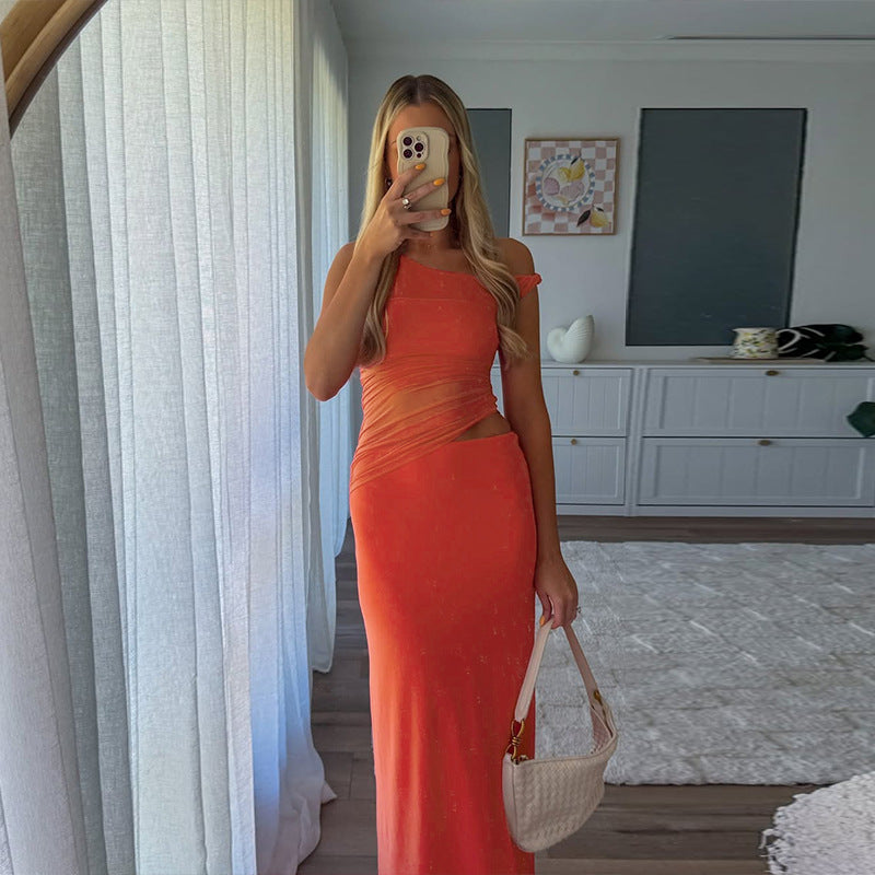 Damen figurbetontes Maxikleid mit asymmetrischem Schnitt und Raffungen R&B