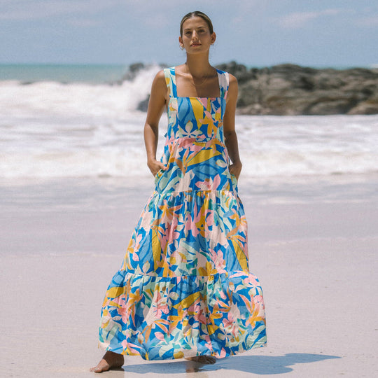 Damen Maxi-Kleid mit voluminösem Saum und angesagtem Blumenprint R&B