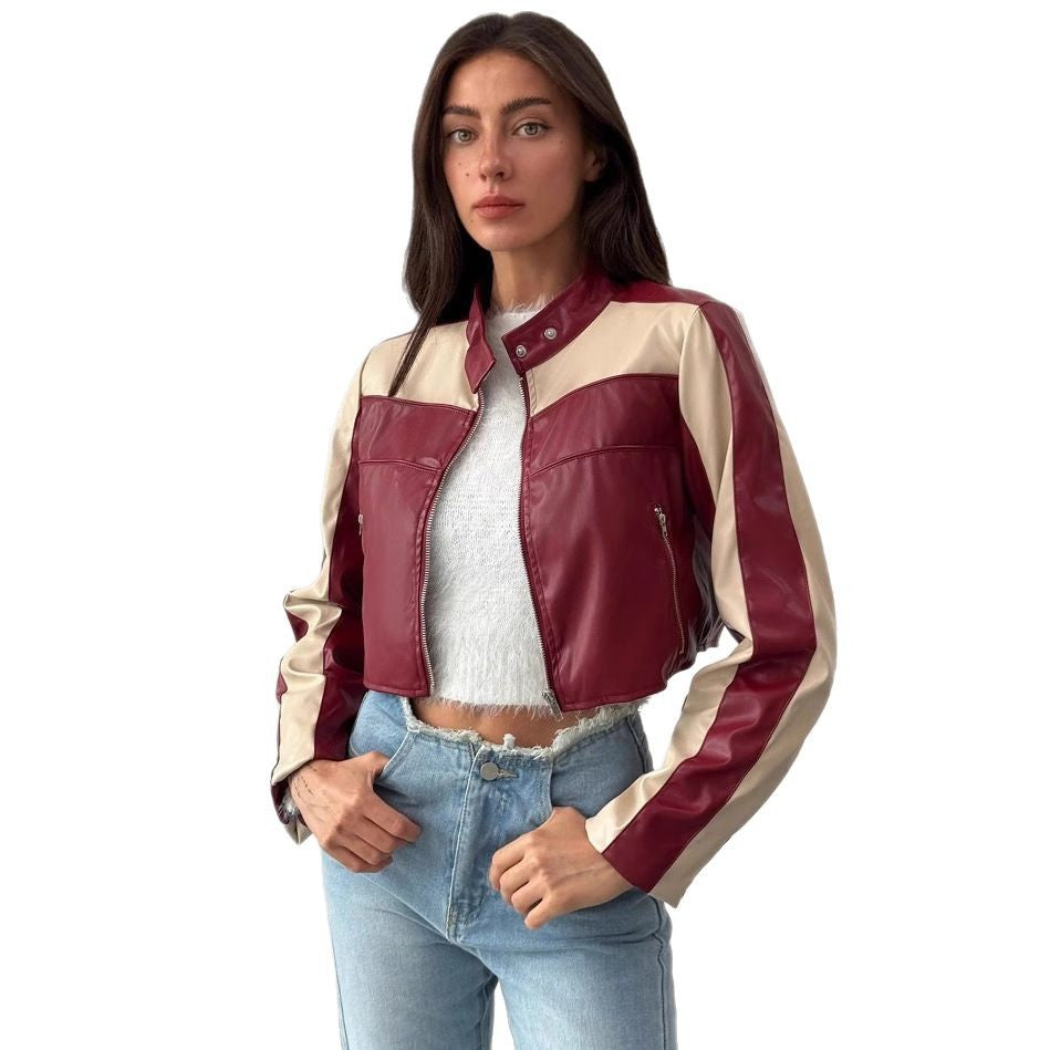 Damen cropped Kunstlederjacke mit kontrastierenden Einsätzen R&B
