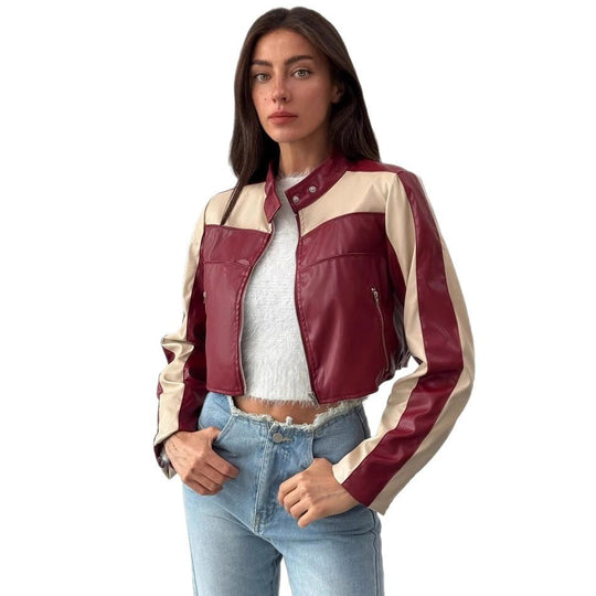 Damen cropped Kunstlederjacke mit kontrastierenden Einsätzen R&B