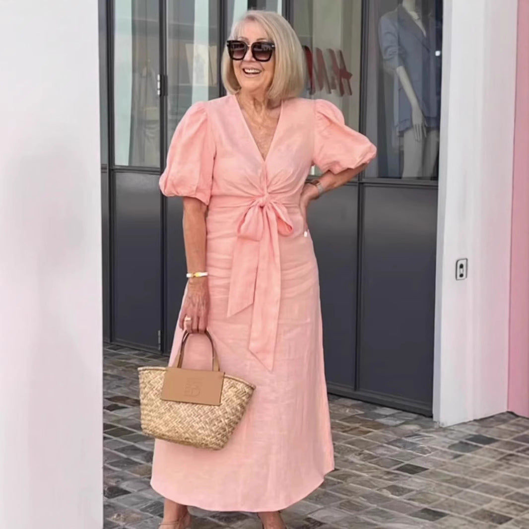 Damen Maxikleid mit eleganten Puffärmeln und Taillenknoten R&B