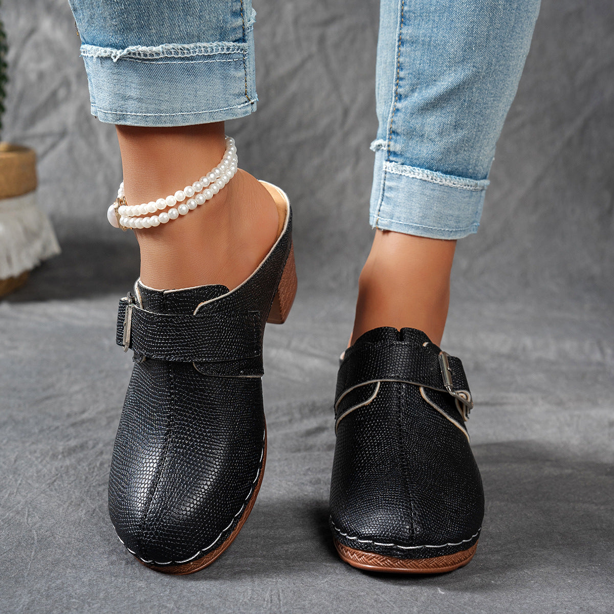 Damen Clogs mit modischem Schnallen-Design und komfortablem blockiertem Absatz R&B