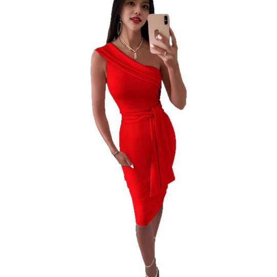 Damen Elegantes Wickelkleid mit asymmetrischem Ausschnitt und Taillengürtel R&B