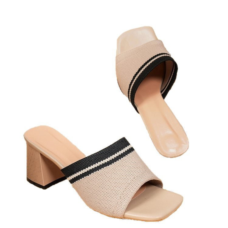 Damen elegante Mules mit Blockabsatz und modischem Gewebemuster R&B
