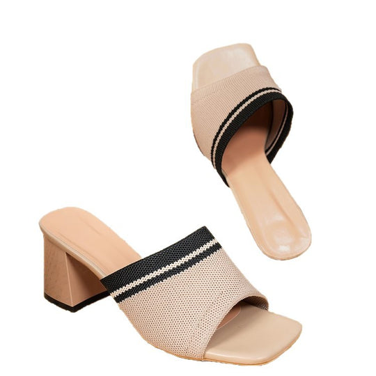 Damen elegante Mules mit Blockabsatz und modischem Gewebemuster R&B