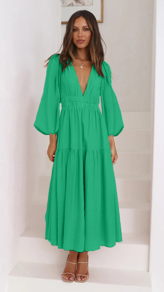 Damen Langarm Maxikleid mit tiefem V-Ausschnitt und weitem Rock R&B