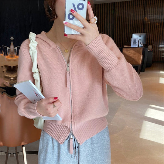 Damen modischer Zip-Hoodie aus weichem Strick R&B