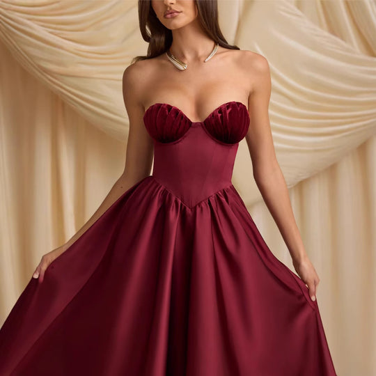 Damen trägerloses Cocktailkleid mit voluminösem Rock und elegantem Oberteil R&B