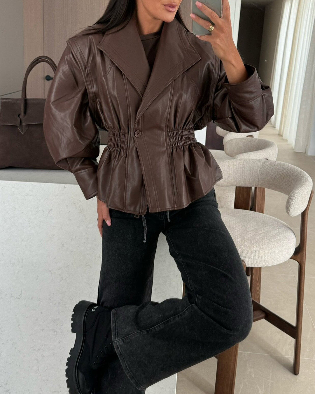 R&B | Revers Taille Cropped Pu-Jacke