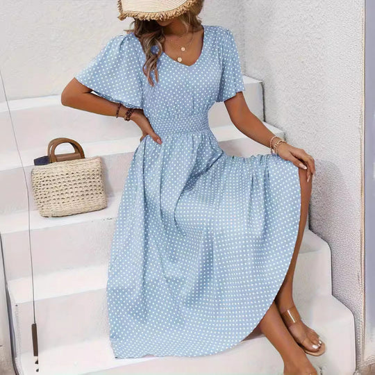 Damen Maxikleid im verspielten Punktdesign mit voluminösen Ärmeln und tiefem V-Ausschnitt R&B