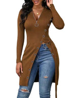 Damen figurbetontes Wickelshirt mit Knopfdetails und tiefem V-Ausschnitt R&B