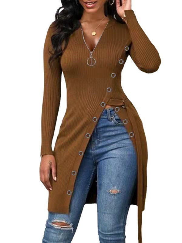 Damen figurbetontes Wickelshirt mit Knopfdetails und tiefem V-Ausschnitt R&B