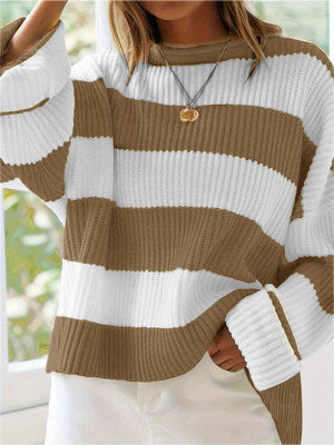Damen gestreifter Strickpullover mit weitem Schnitt R&B