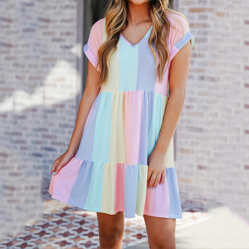 Damen lässiges Kurzarm Kleid mit buntem Streifenmuster R&B