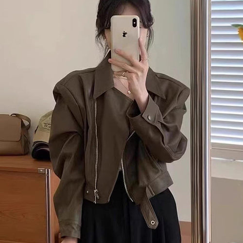 Damen Cropped-Lederjacke im stylischen Biker-Design mit asymmetrischem Reißverschluss und weichen Materialien R&B